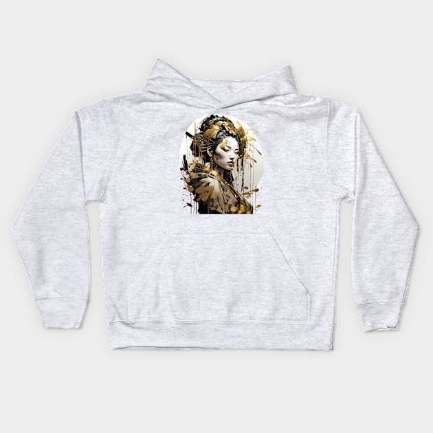 Geisha with black and gold ornaments Kids Hoodie by PrintSoulDesigns